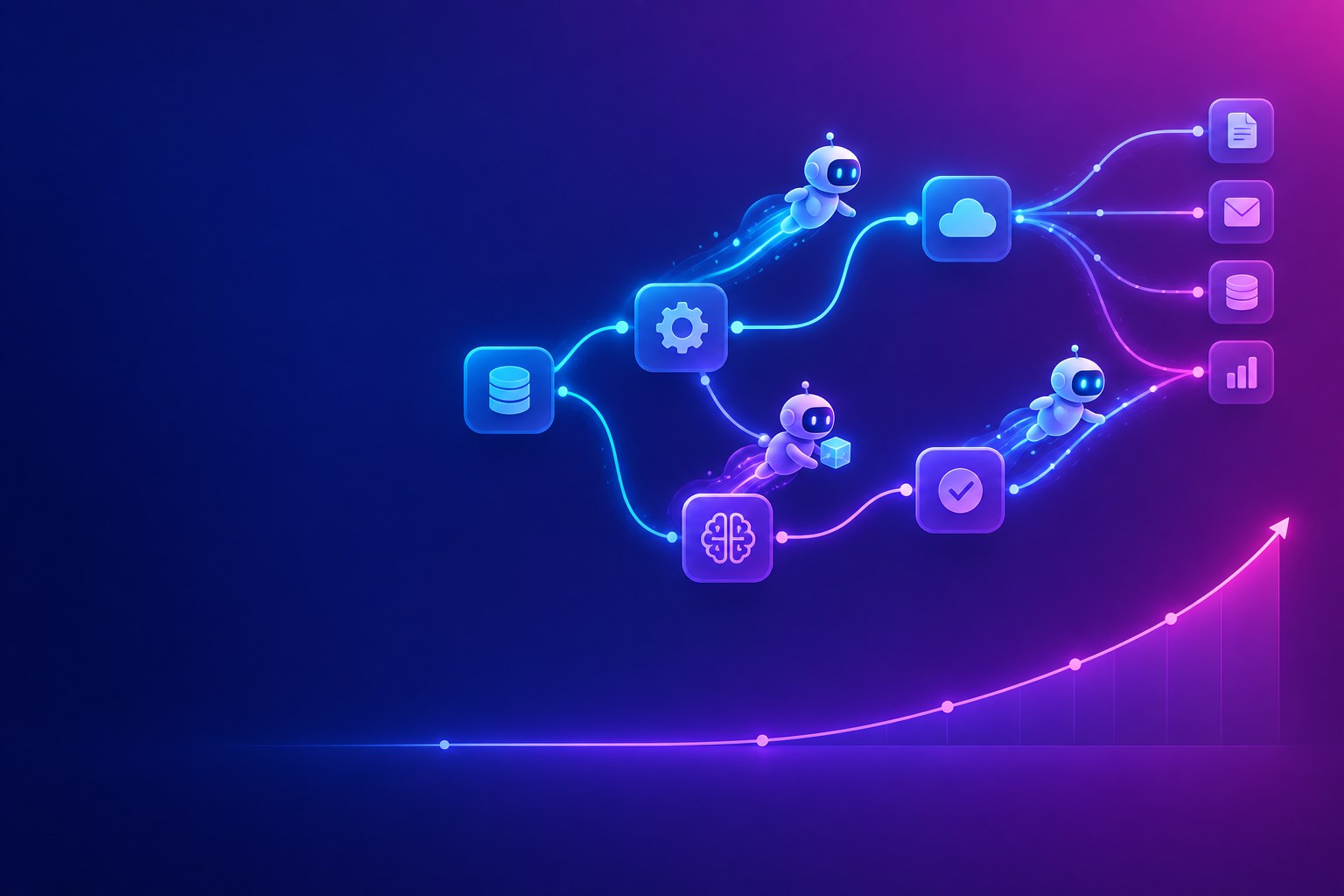 Logic Apps Automation illustration: connected workflows and AI agents on an indigo and magenta background